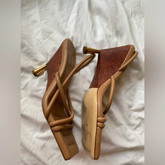 Gia Borghini Tan Strappy Square-Toe Heels with Gold Flared Heel - Picture 6 of 10